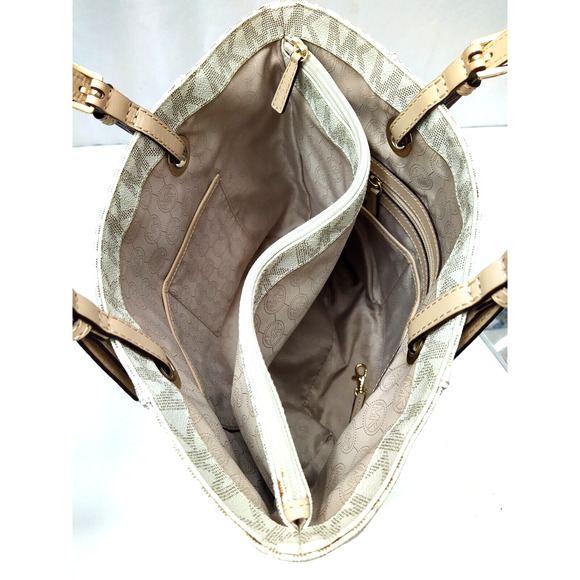 Michael Kors Jet Set Gray Crossgrain Leather MK Printed Pocket Tote Shoulder Bag - Picture 11 of 16